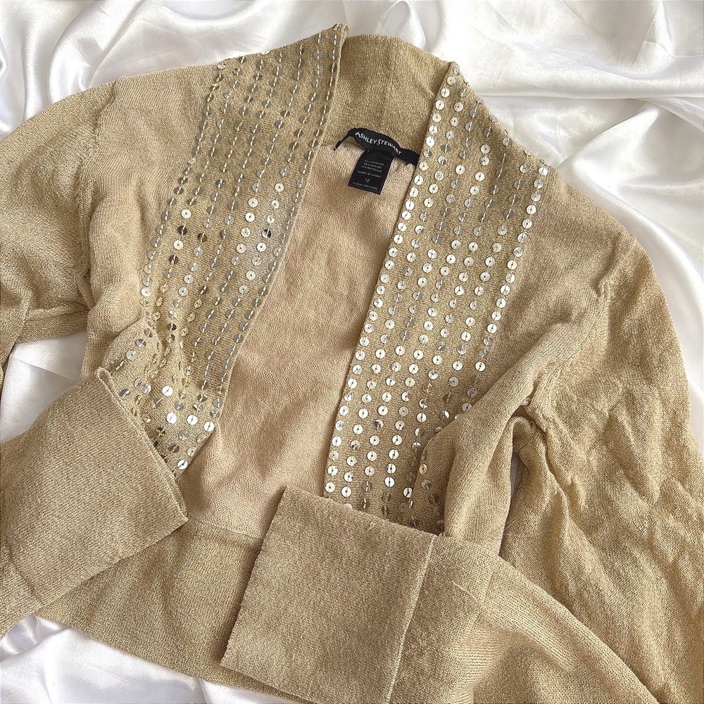 Ashley Stewart Gold Metallic Sequin Shrug Cropped Cardigan Size 12